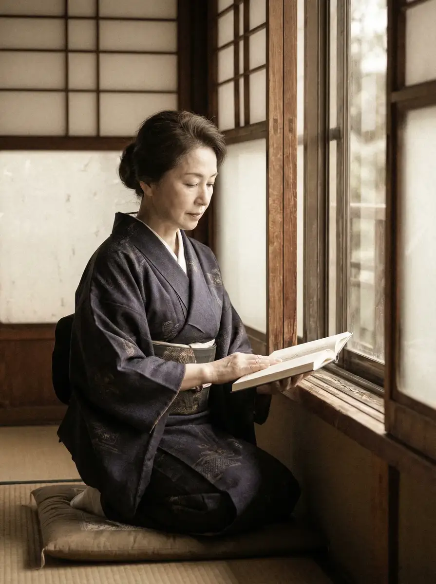 一位优雅的五十岁 彩世界app 身穿深蓝色和服，在窗边静读