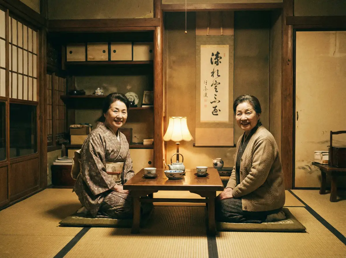 两位优雅的 彩世界app 在日式茶室中品茶交谈